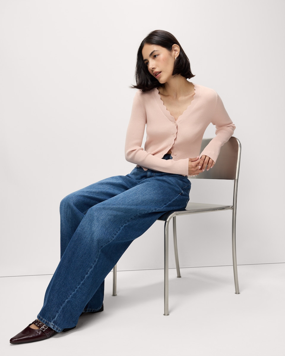 image 1 of F&F Scallop Edge V Neck Cardigan in Pink