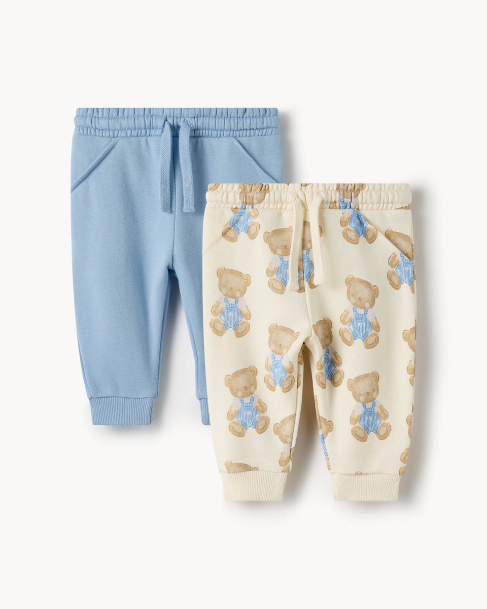 image 1 of F&F Baby 2-Pack Cotton Rich Teddy Bear Print Cuffed Joggers in Neutral