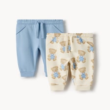 F&F Baby 2-Pack Cotton Rich Teddy Bear Print Cuffed Joggers in Neutral