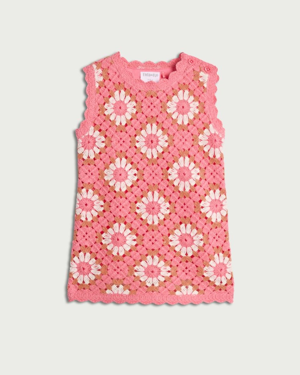 image 1 of F&F Baby Cotton Rich Crochet-Look Floral Dress in Pink
