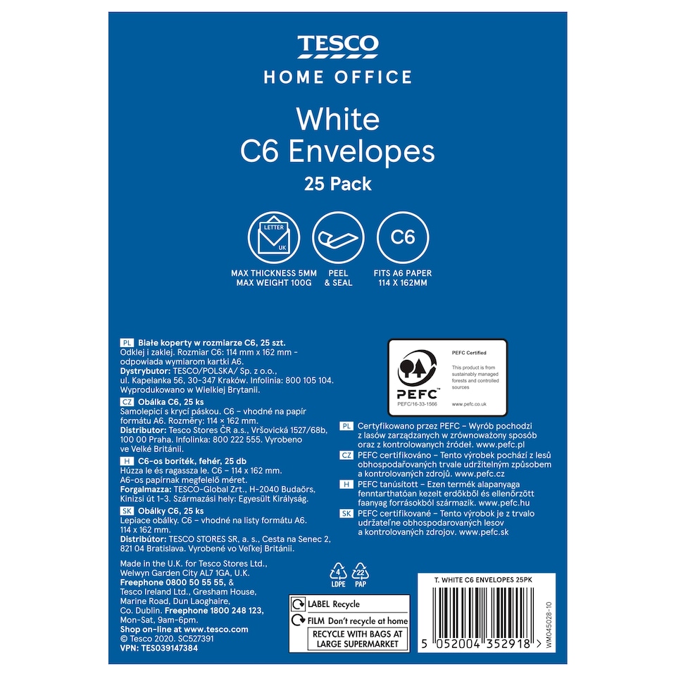 Tesco White C6 Envelopes 25Pk