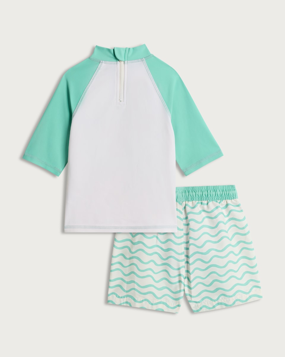 image 1 of F&F Boys 2-Piece Summer Vacation Time Rash Vest and Swim Shorts Set in Multi