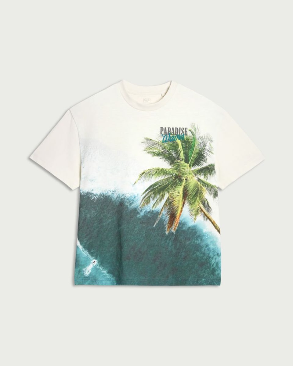 image 1 of F&F Boys Pure Cotton Paradise Print T-Shirt in Cream