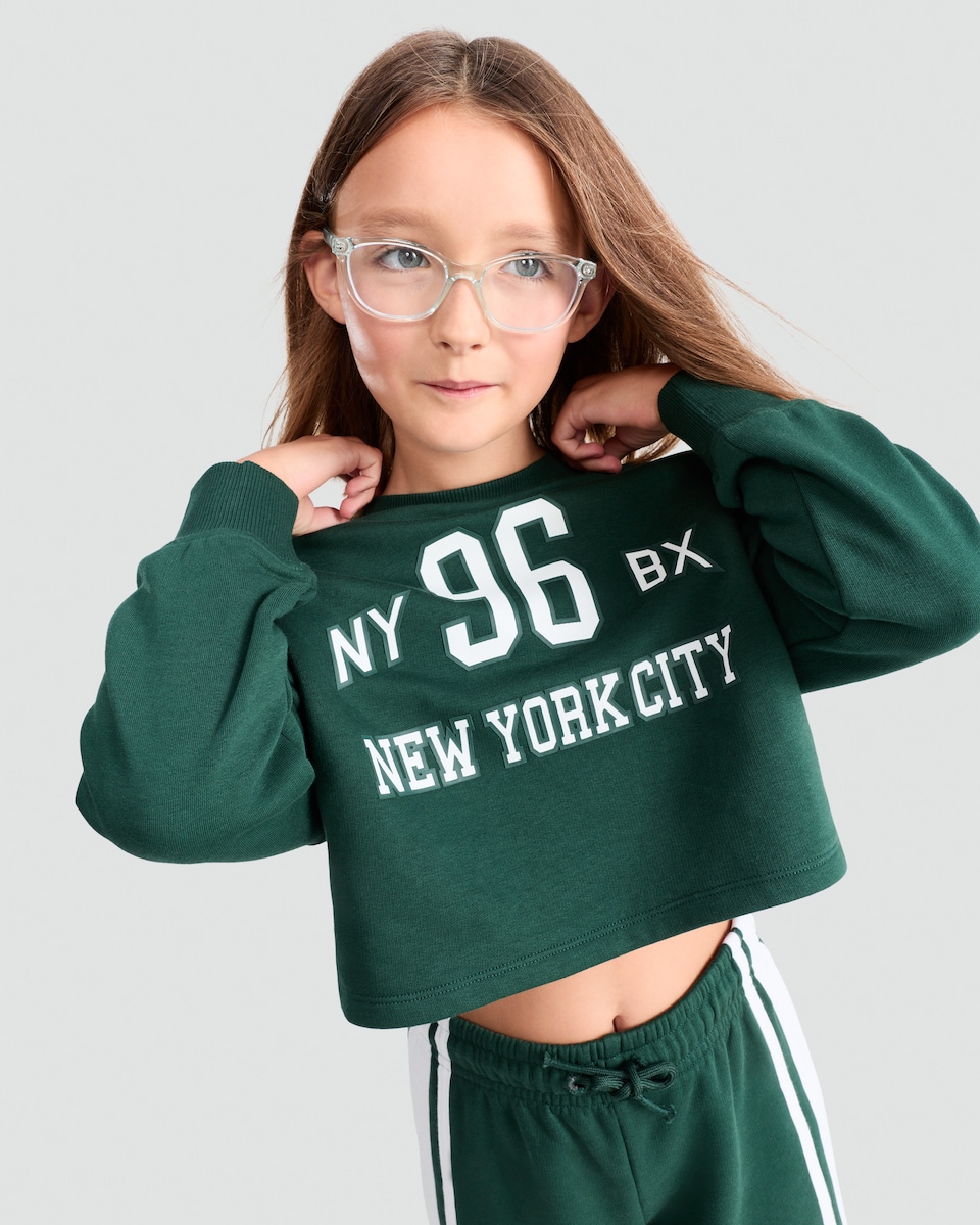image 1 of F&F Girls 2-Piece Cotton Rich New York City Sweatshirt and Joggers Set in Green