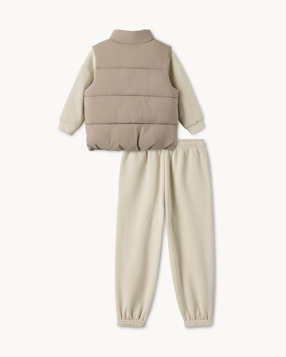 image 1 of F&F Boys Puffer Gilet, Sweatshirt and Joggers Set in Stone