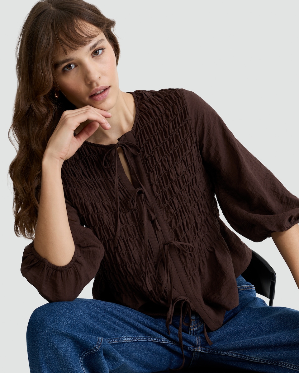 image 1 of F&F Textured Smocked Tie-Front Blouse in Brown