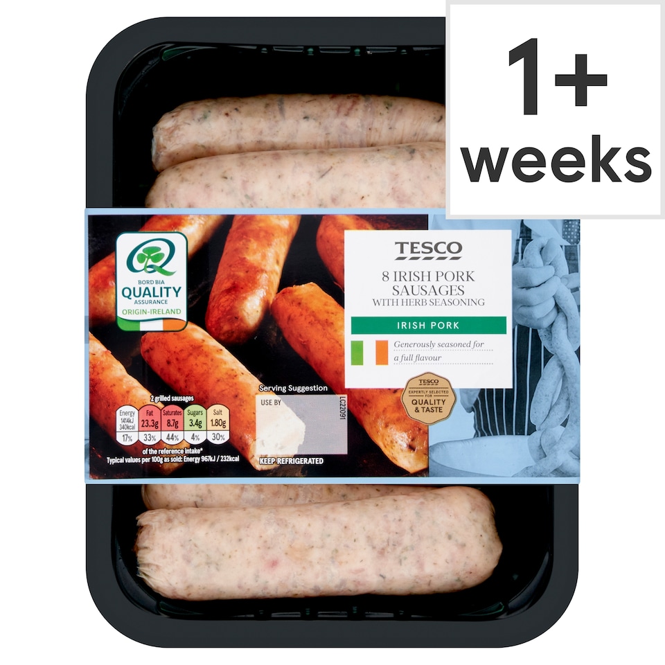 Tesco 8 Irish Pork Sausages with Herb Seasoning 560g