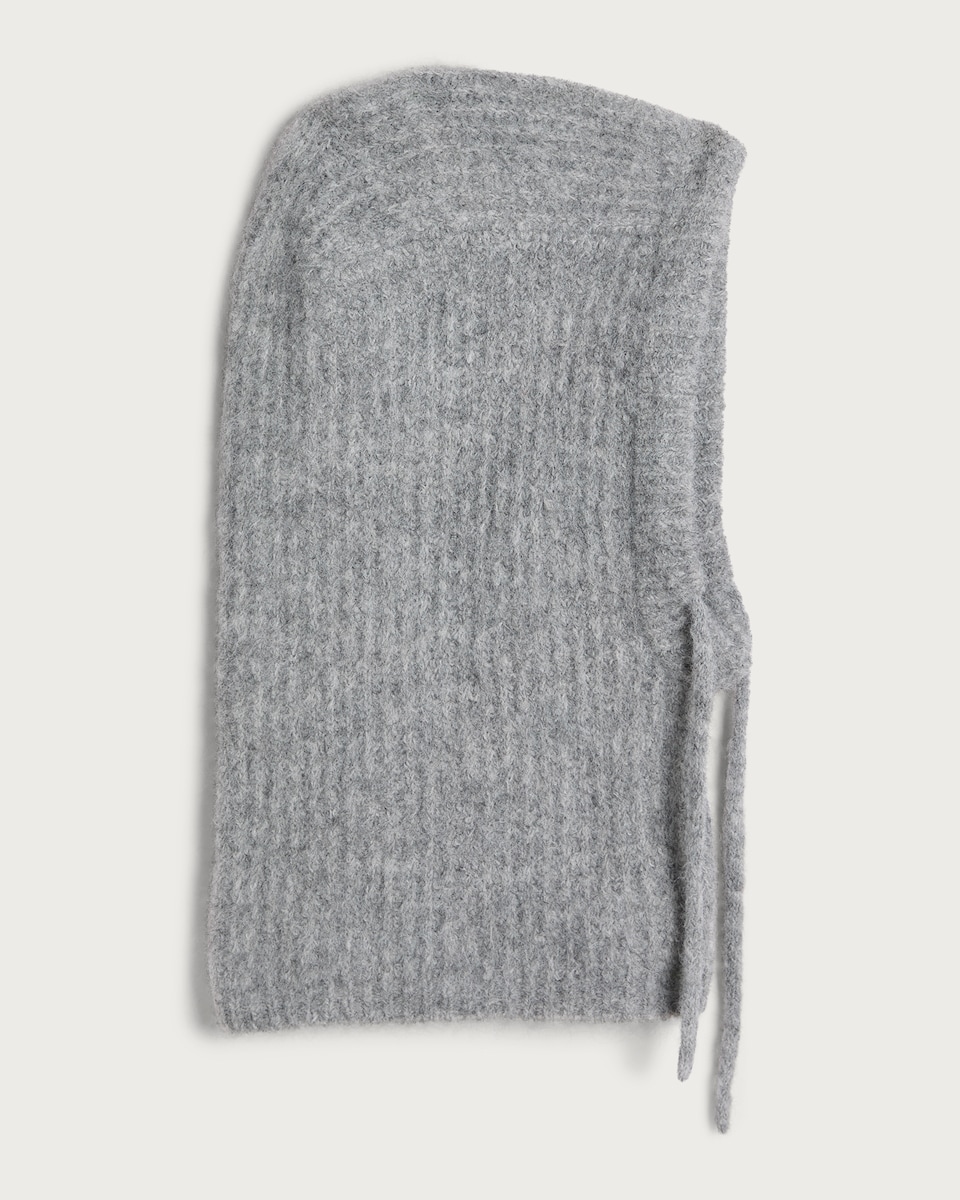 image 1 of F&F Knitted Ribbed Drawstring Hooded Snood with Wool in Grey
