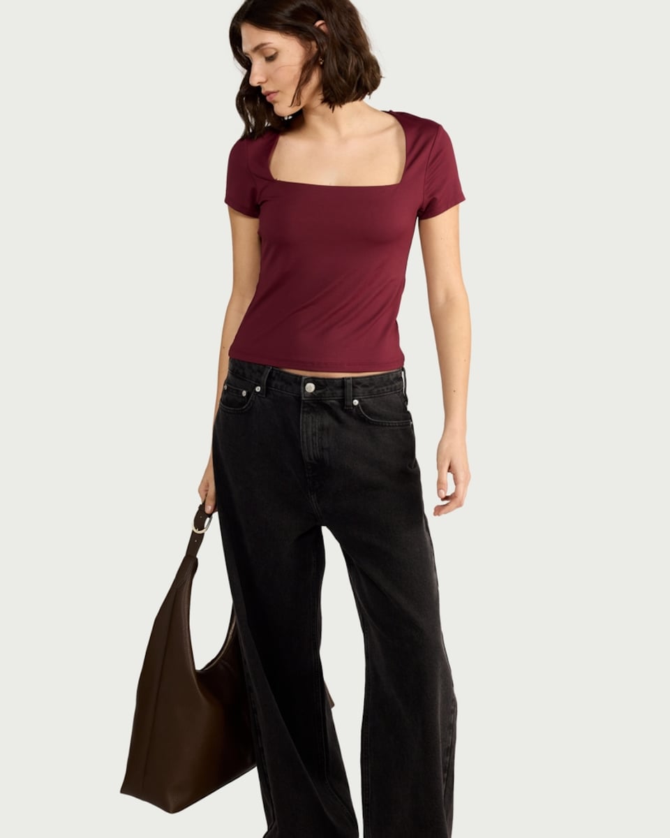image 1 of F&F Polyamide Square Neck Short Sleeved Top in Purple