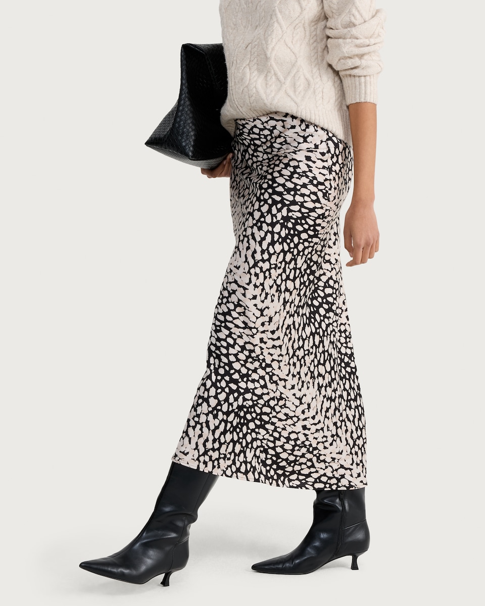 image 1 of F&F Satin Abstract Print Midi Skirt in Multi Black White