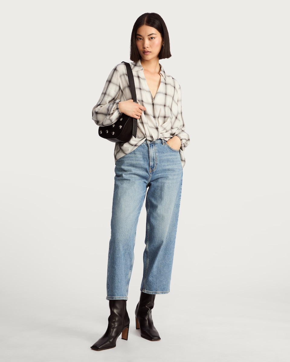 image 1 of F&F Twist Front Check Print Long Sleeved Shirt with Lurex in Cream