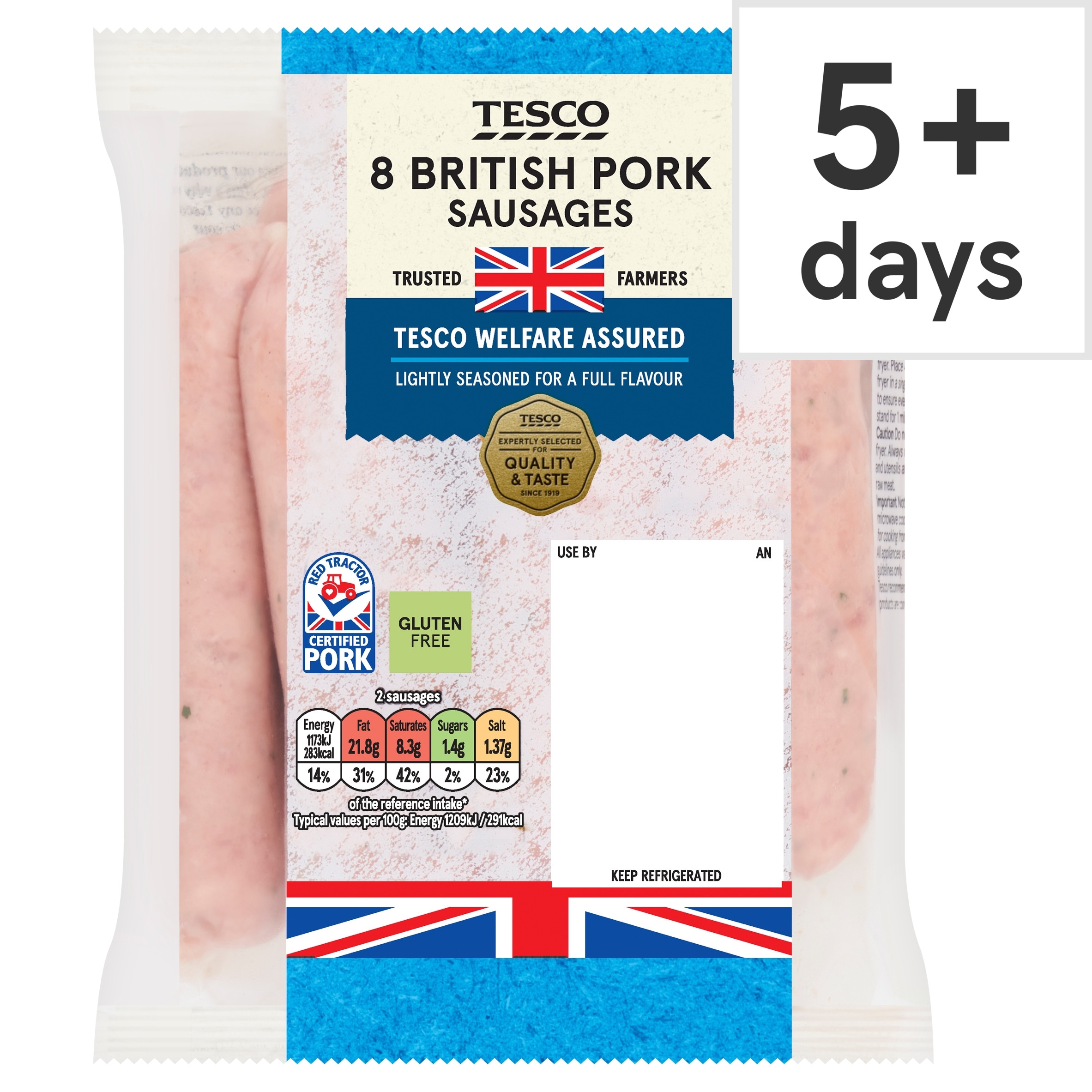 Tesco British Pork Sausages 8 Pack 454G