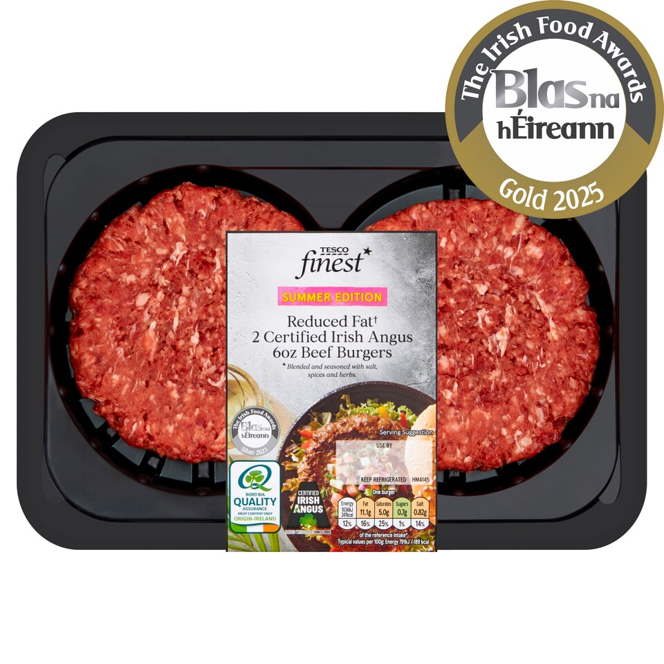 Tesco Finest Reduced Fat Irish Angus 6Oz Beef Burgers 340G