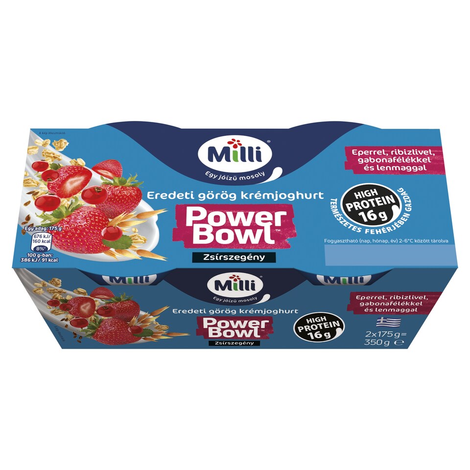 Milli Power Bowl zsírszegény eredeti görög krémjoghurt eperrel, ribizlivel 2 x 175 g (350 g)