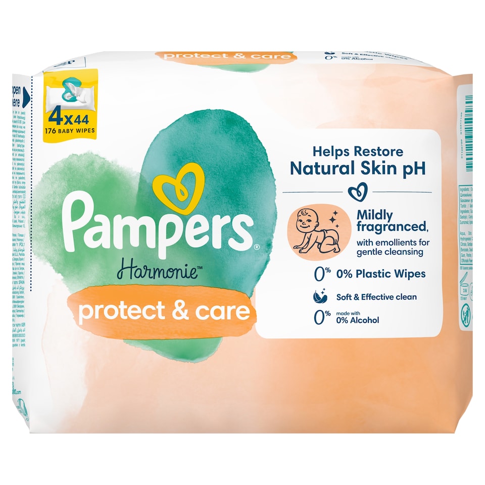 Pampers Harmonie Protect & Care Nedves Törlőkendő, 4 Csomag = 176 db Törlőkendő  1. kép