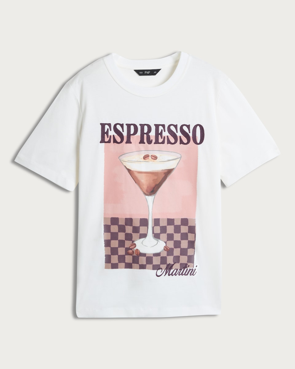 F&F Pure Cotton Espresso Martini Print Oversized T-Shirt in Cream