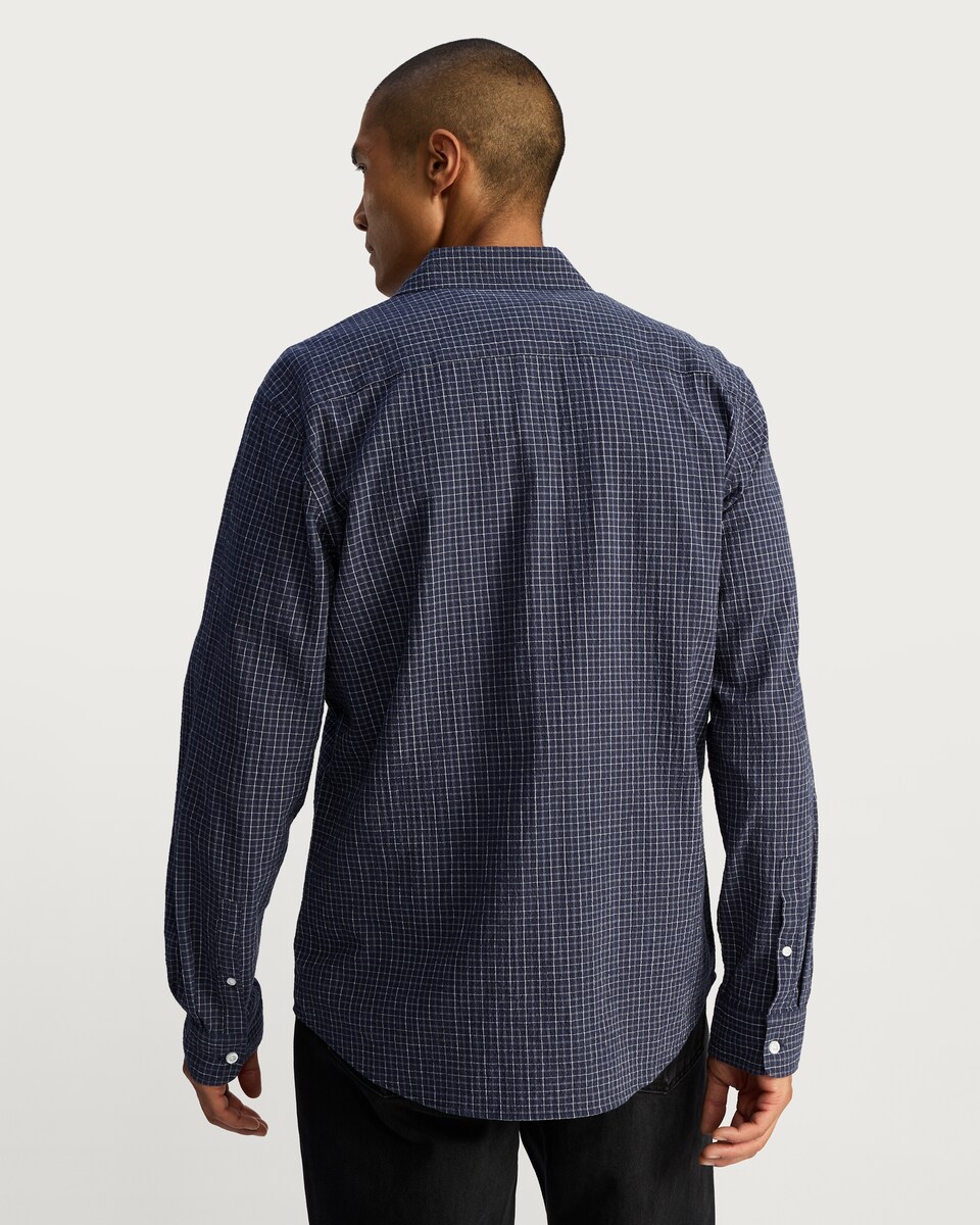 image 1 of F&F Cotton Rich Crinkle Check Print Long Sleeved Shirt in Navy