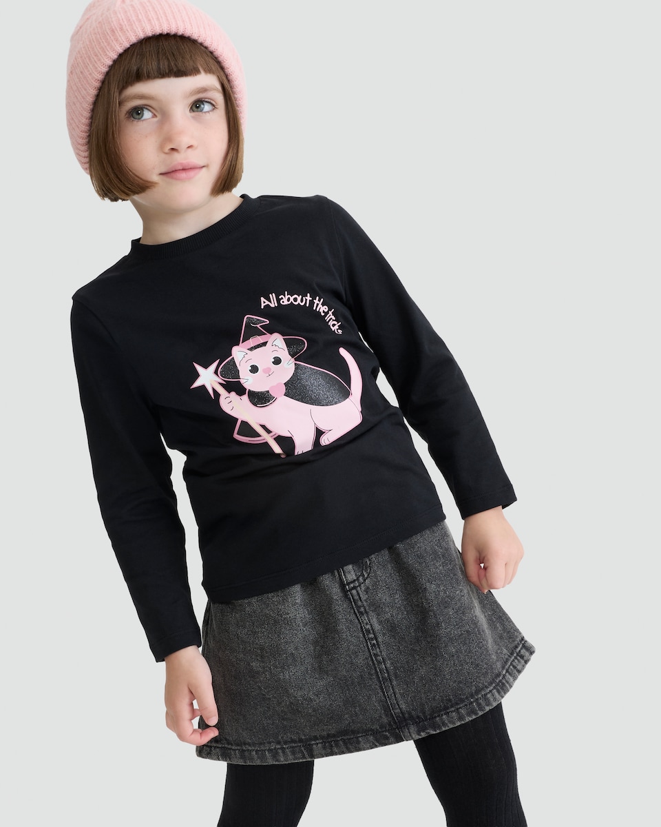 image 1 of F&F Girls Pure Cotton All About the Tricks Slogan Top in Black