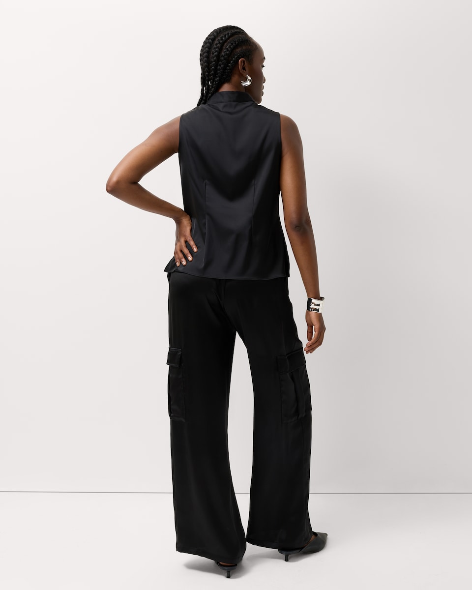 image 1 of F&F Satin Wide Leg Cargo Trousers in Black