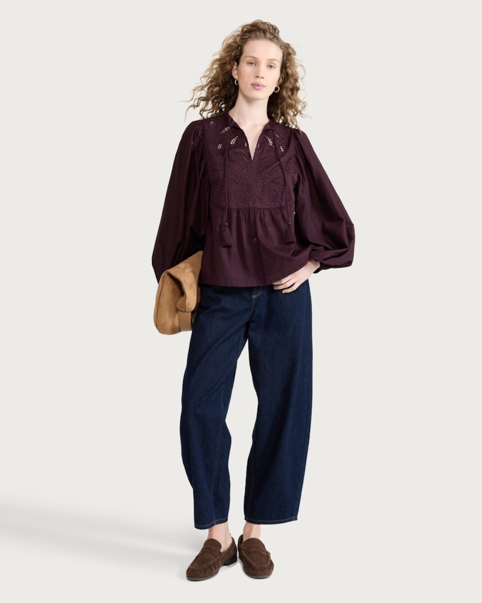 image 1 of The F&F Edit Pure Cotton Embroidered Blouse in Burgundy