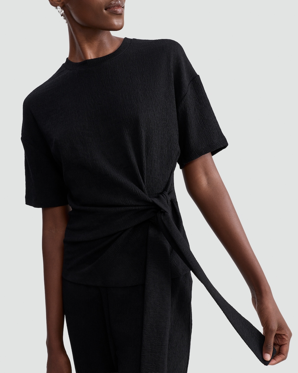 image 1 of F&F Crinkle Tie Front Co-ord Top in Black