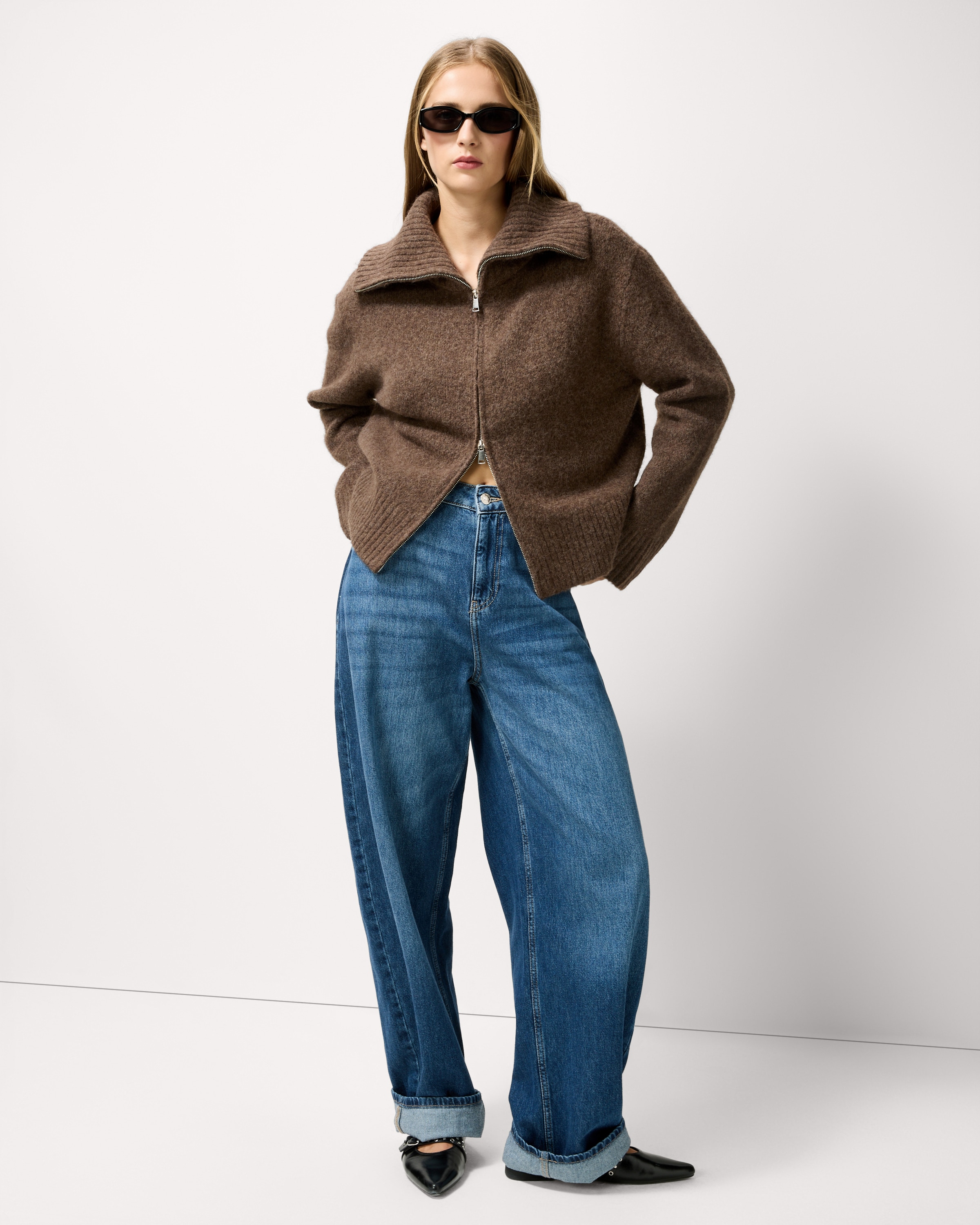 F&F Roll Neck Zip Up Cardigan with Wool in Mink, XL, Womens