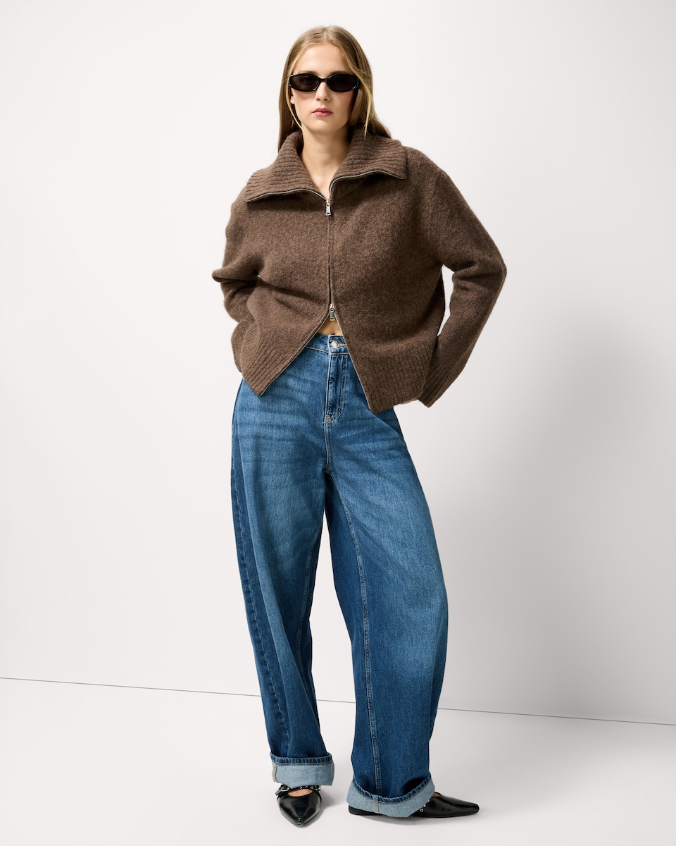 image 1 of F&F Roll Neck Zip Up Cardigan with Wool in Mink