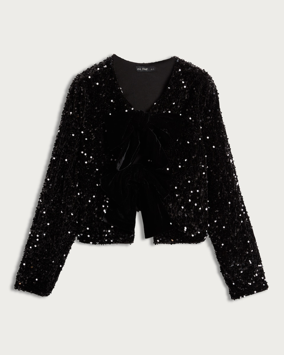 image 1 of F&F Faux Velvet Sequin Embellished Bow Jacket in Black