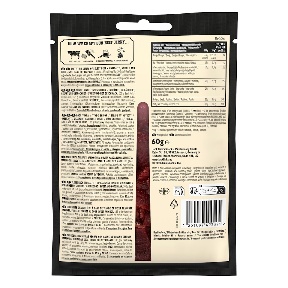 image 1 of Jack Links Beef Jerky Sweet & Hot 60g