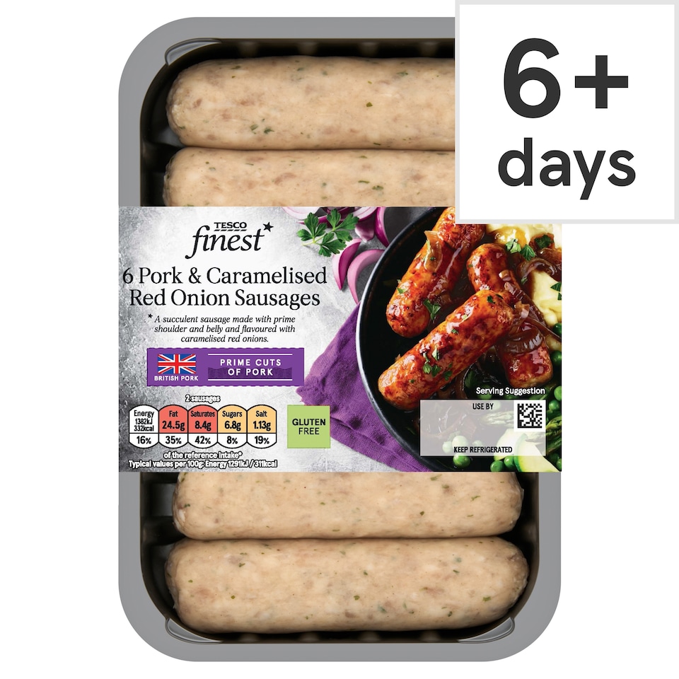 Tesco Finest 6 British Pork & Caramelised Onion Sausages 400G