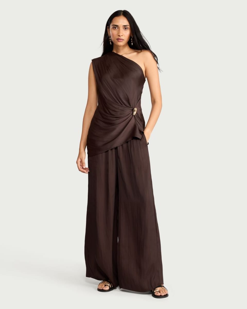 image 1 of The F&F Edit Satin One Shoulder Co-ord Top in Chocolate