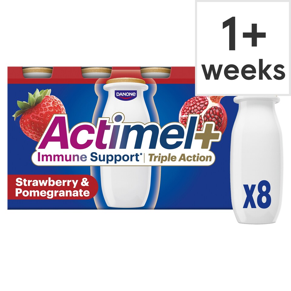 Actimel+ Triple Action 100% Vitamin D Strawberry & Pomegranate Yoghurt Drink 8x100g