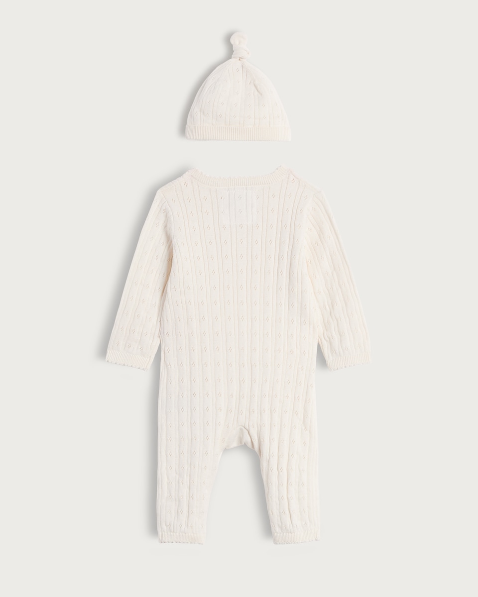 image 1 of F&F Baby 2-Piece Pure Cotton Baby Knitted Romper and Hat Set in White