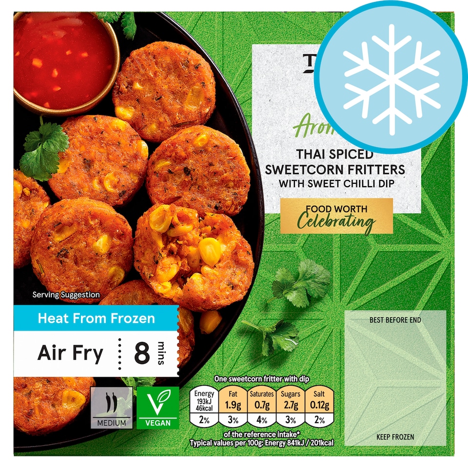 TESCO 8 THAI SPICED SWEETCORN FRITTERS 200G