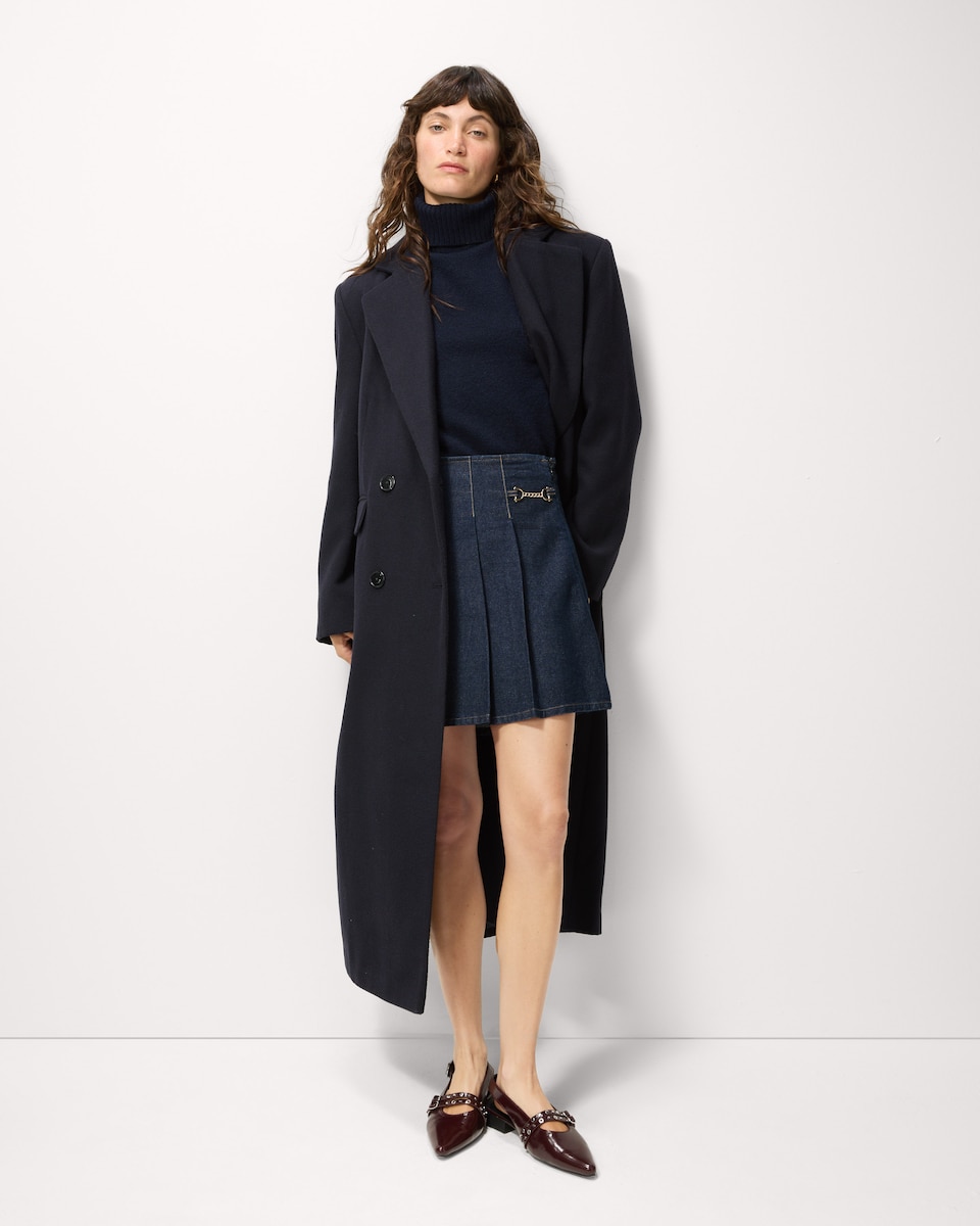 image 1 of F&F Pure Cotton Pleated Denim Mini Skirt in Navy
