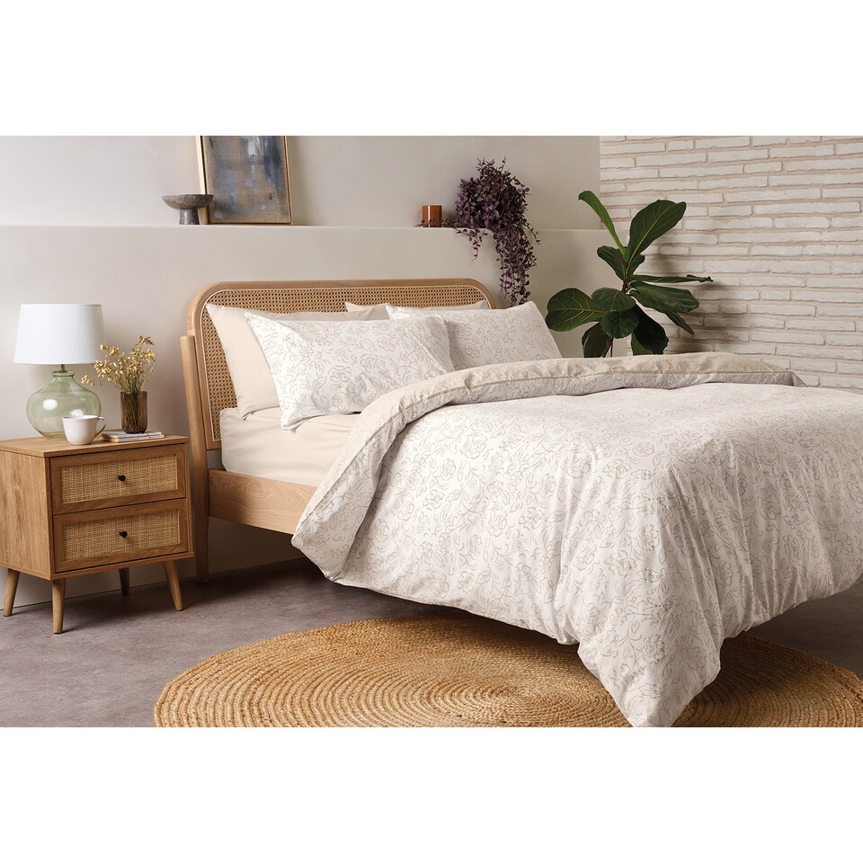 F&F Home Natural Washed Cotton Block Floral Duvet Set Double