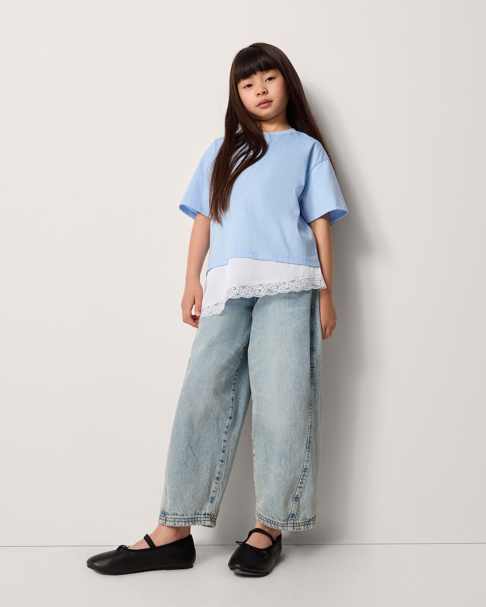 image 1 of F&F Girls Pure Cotton Lace Hem T-Shirt in Blue