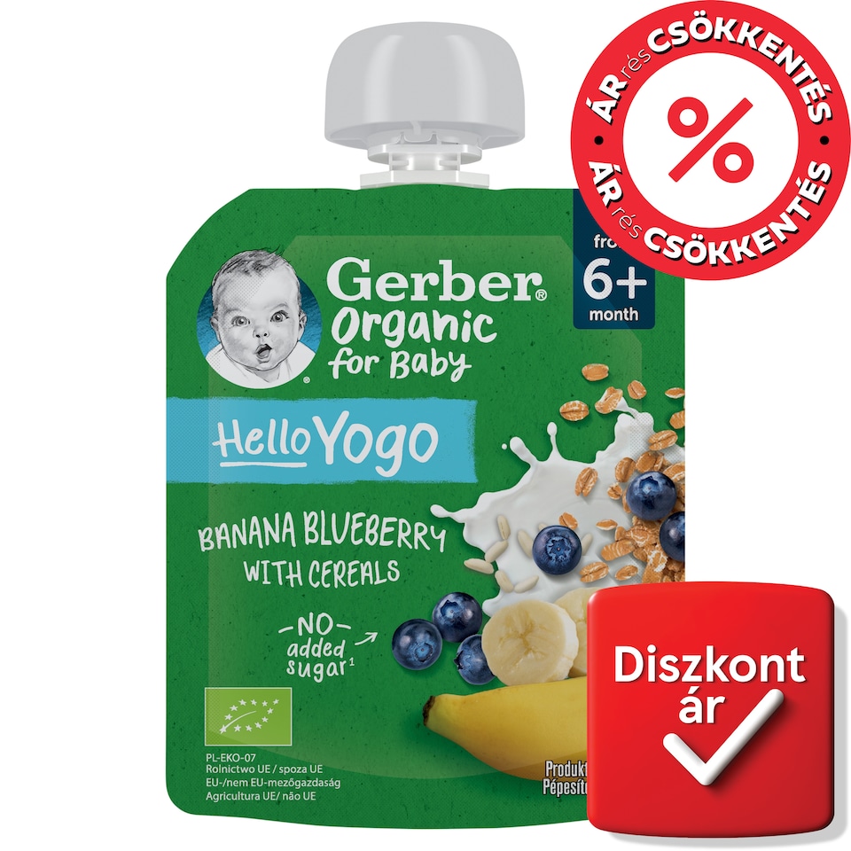 image 1 of Gerber Organic for Baby Hello Yogo Banana Blueberry Fruit Puree with Cereals 6+ Month 80 g