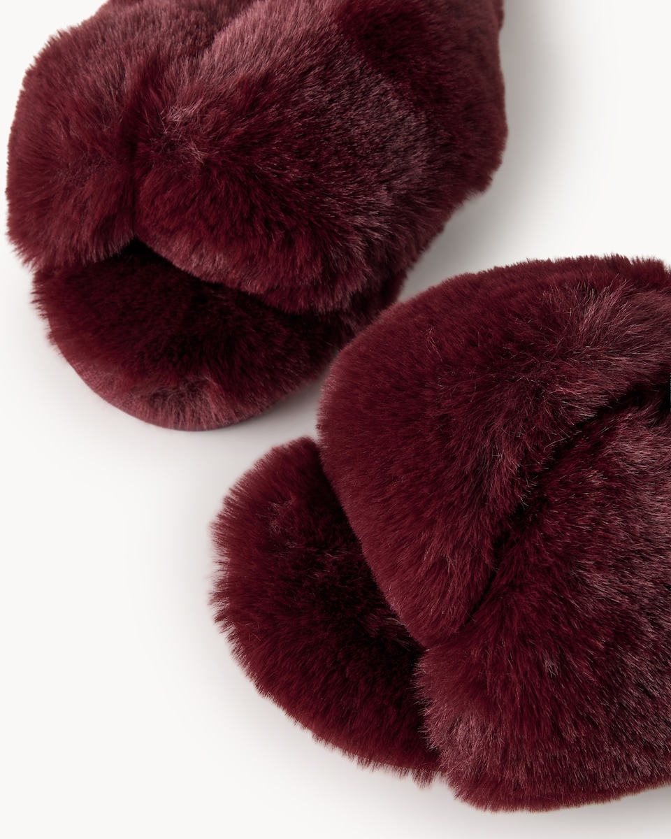 image 1 of F&F Faux Fur Crossover Slippers in Burgundy