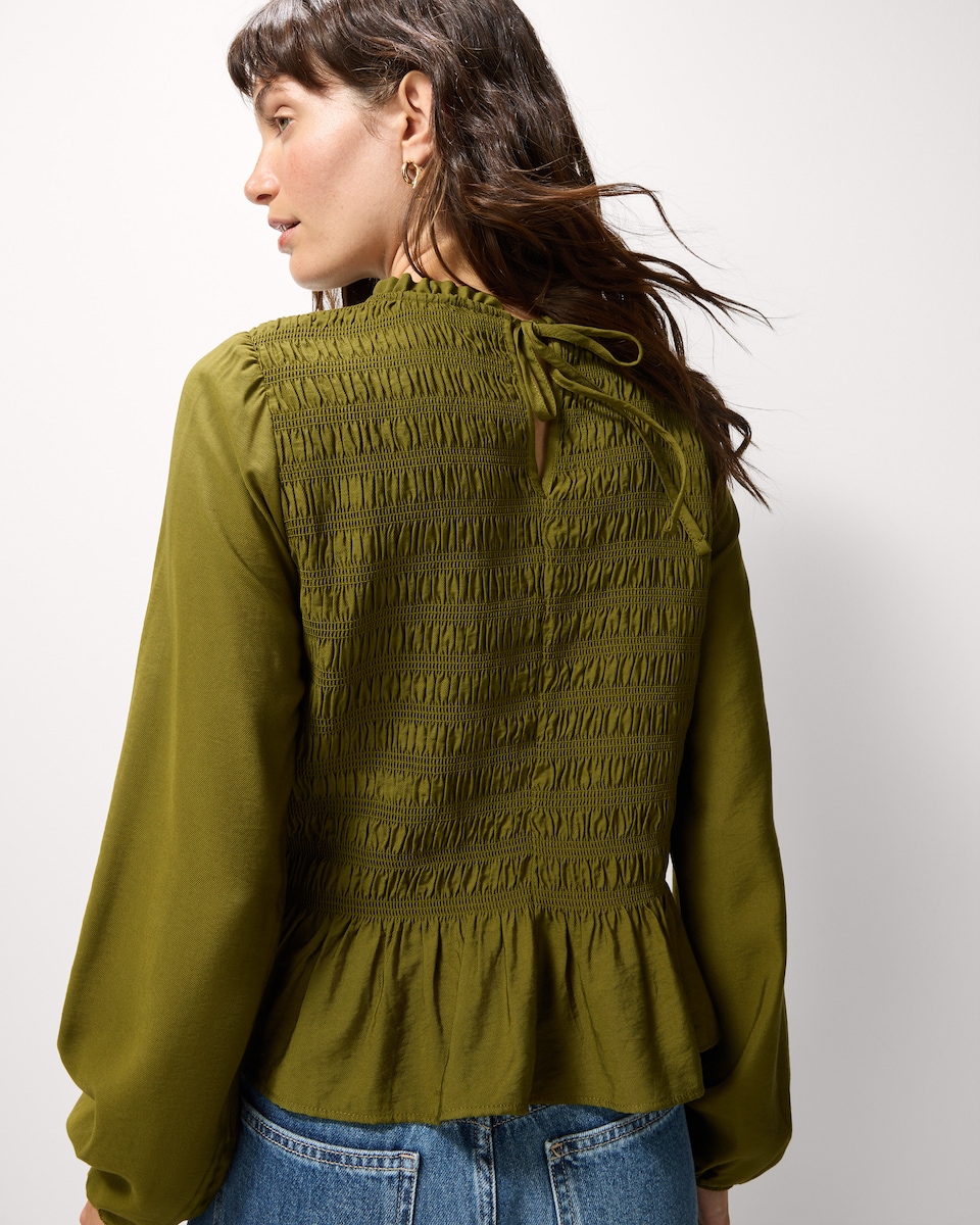 image 1 of F&F Shirred Peplum Top in Olive