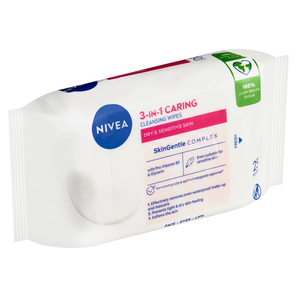 image 1 of Nivea Caring Cleansing Facial Wipes Dry Skin 3 in 1 25 pcs
