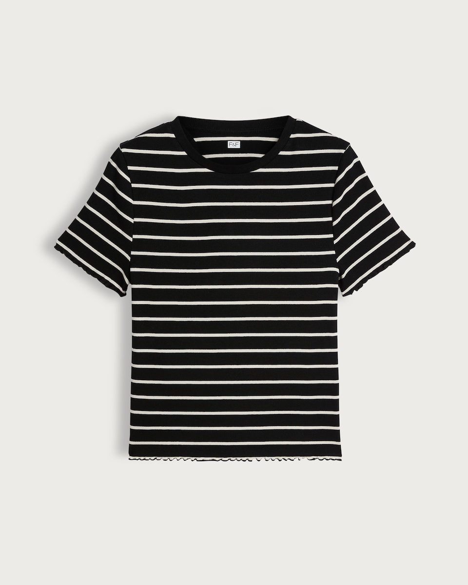 image 1 of F&F Striped Ribbed Lettuce Hem T-Shirt in Multi Brown