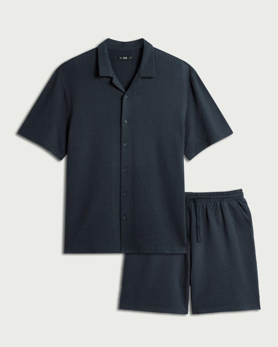 image 1 of F&F Cotton Rich Textured Short Pyjama Set in Navy
