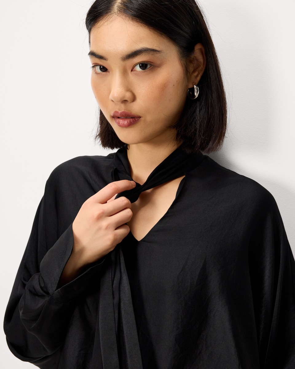 image 1 of F&F Satin Tie Neck Blouse in Black