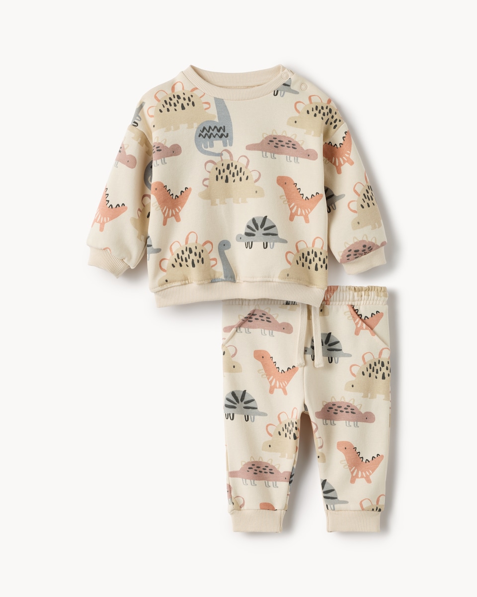 image 1 of F&F Baby 2-Piece Cotton Rich Dinosaur Print Sweatshirt and Joggers Set in Neutral