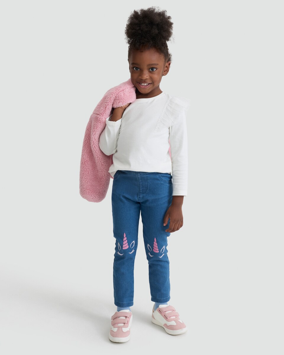 image 1 of F&F Girls Cotton Rich Unicorn Embroidered Denim Jeans in Multi