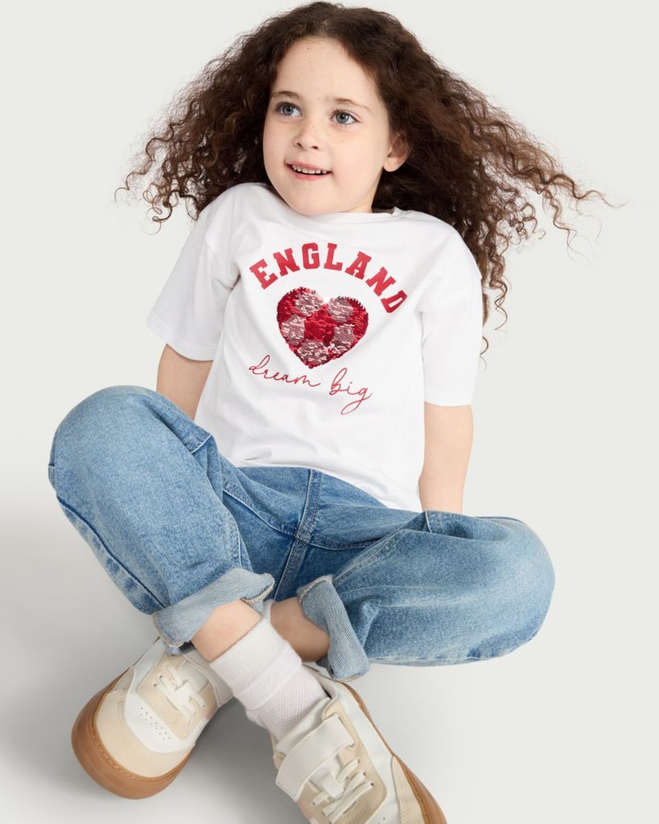 image 1 of F&F Girls Pure Cotton England Sequin T-Shirt in White