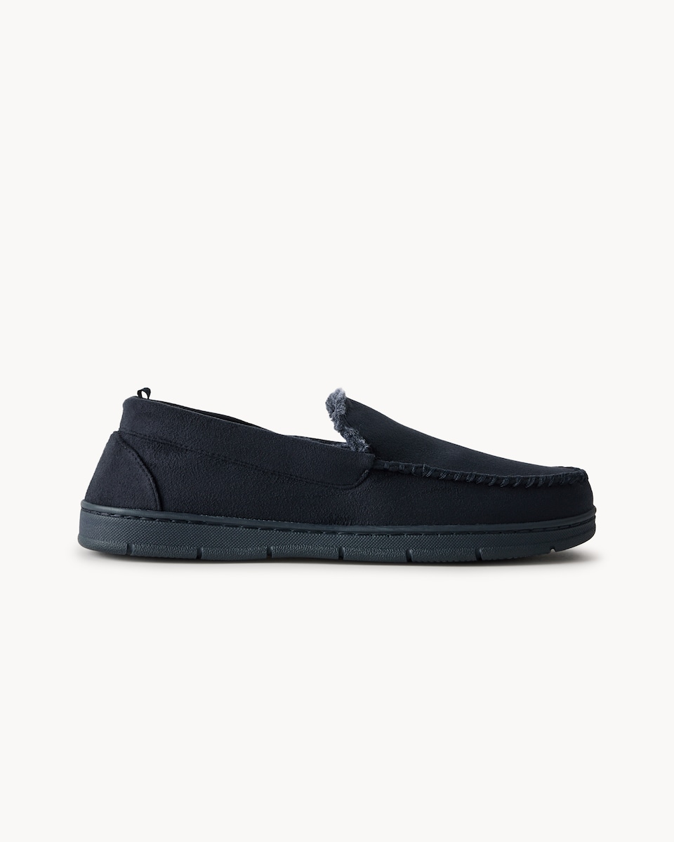 image 1 of F&F Faux Fur Lined Moccasin Slippers in Navy