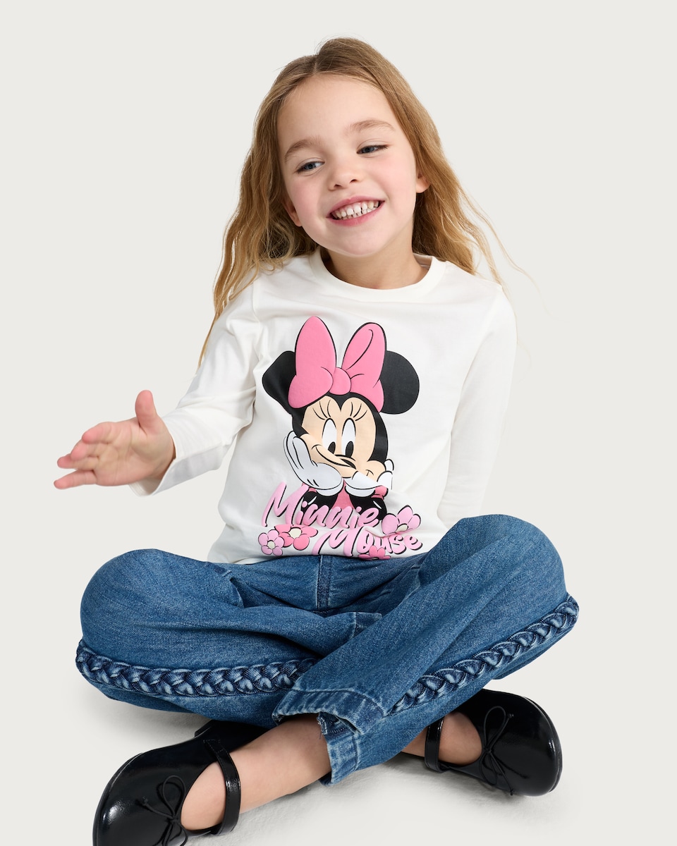 image 1 of Disney Minnie Mouse Print Pure Cotton Long Sleeved Top in White