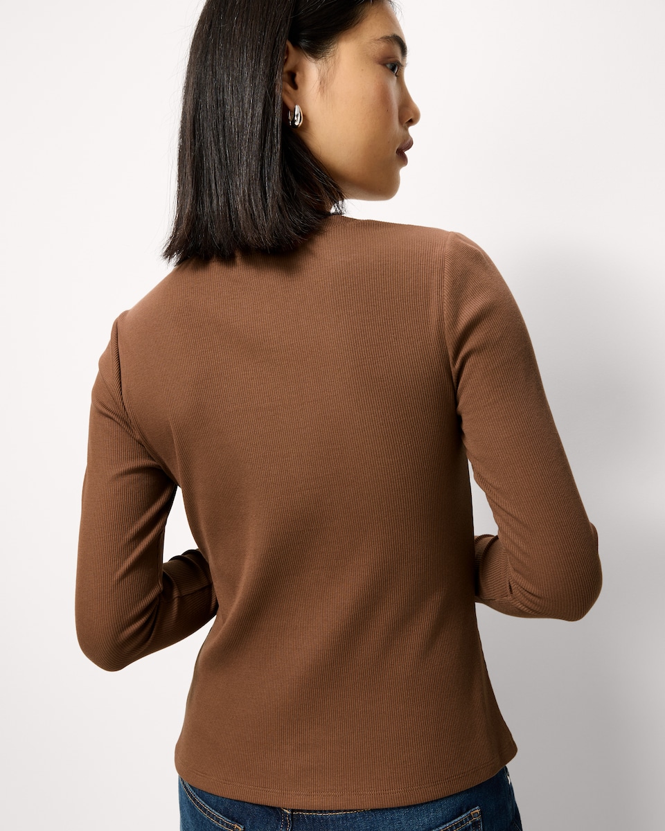 image 1 of F&F Cotton Rich Ribbed Button Up Top in Brown